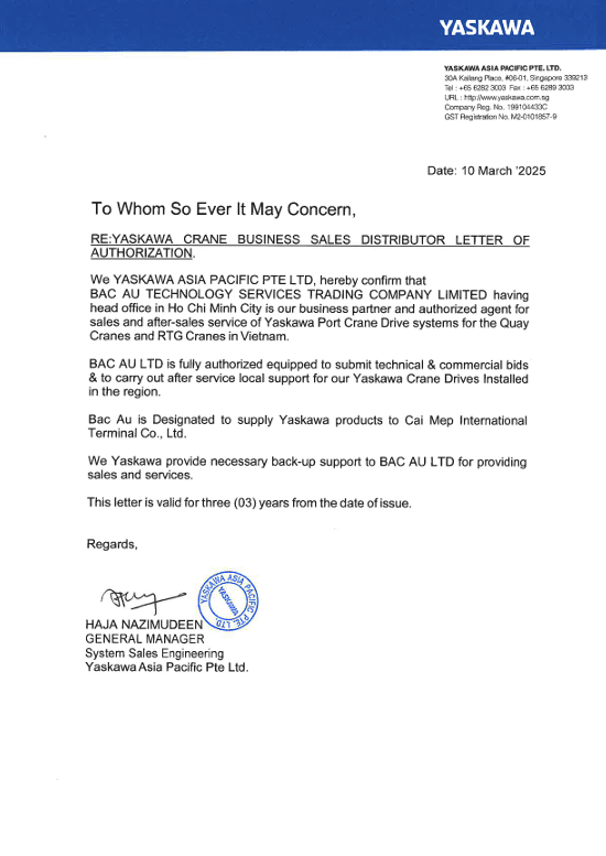 YASKAWA CERTIFICATE